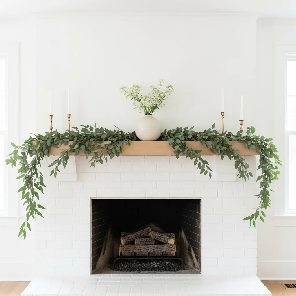 White brick fireplace with lush eucalyptus and ivy greenery garland on wood mantel shelf with brass candle holders for white brick mantel ideas