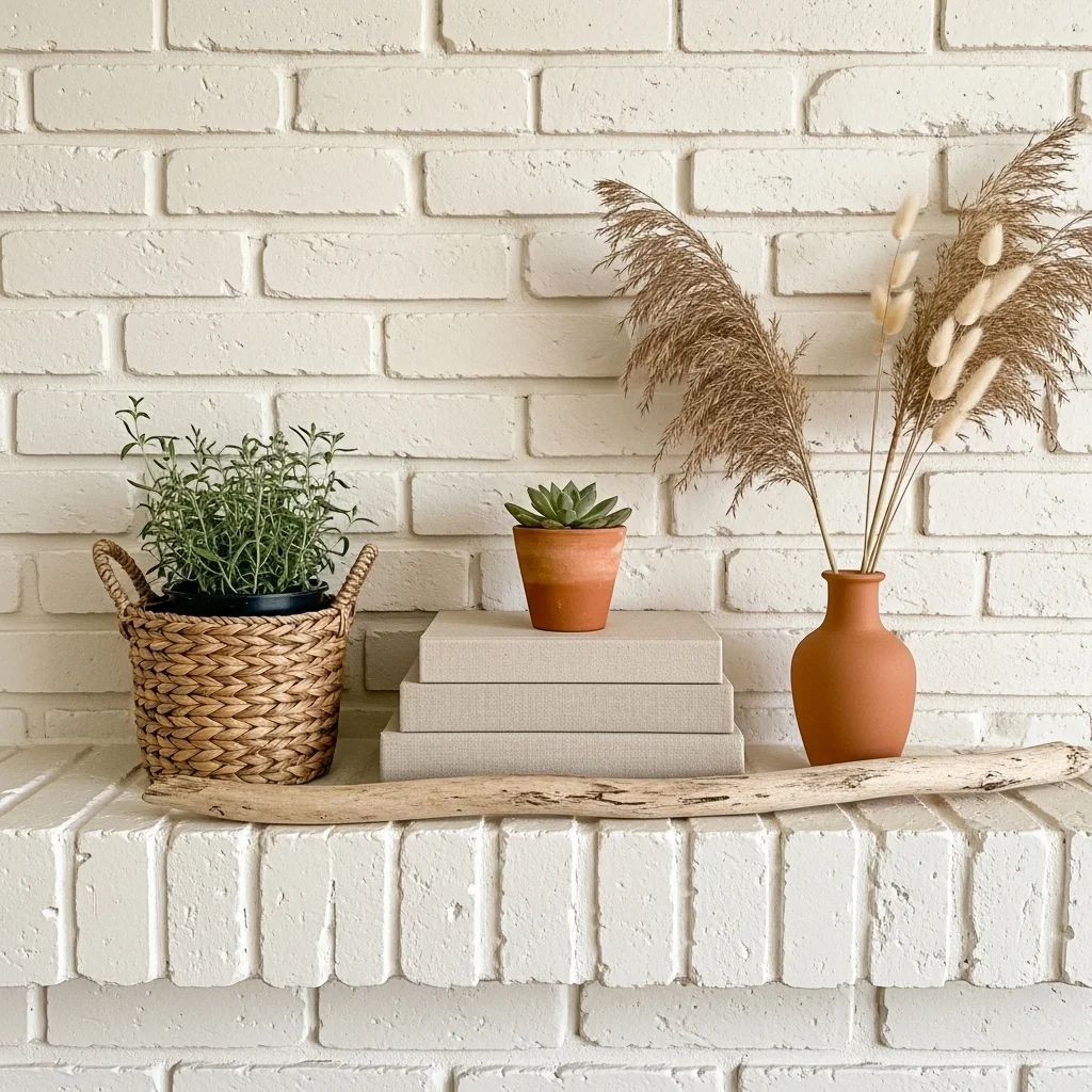 White brick fireplace mantel with woven basket herb plant linen books pampas grass and driftwood for natural texture white brick mantel ideas
