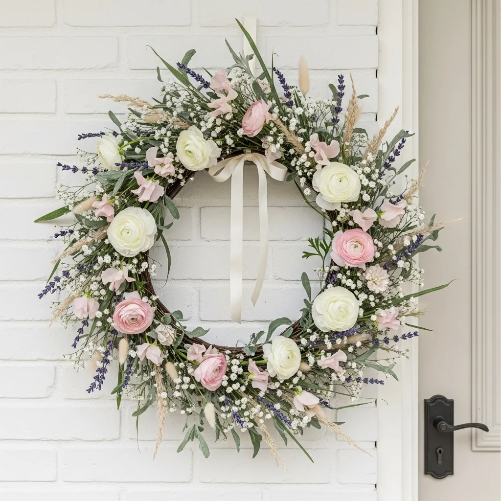 Romantic wildflower meadow Easter spring wreath with ranunculus sweet peas lavender and dried grasses in cream and blush tones for elegant easter door decorations