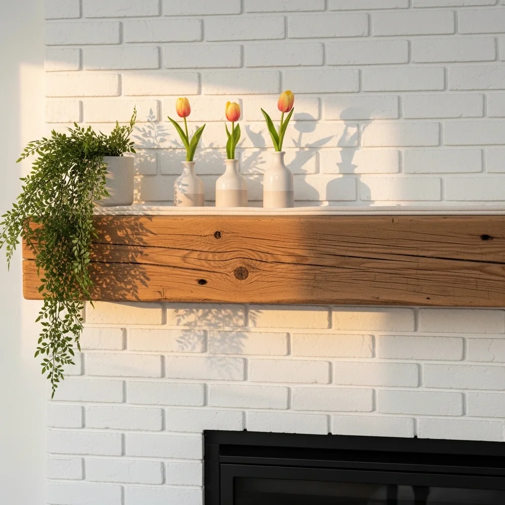 White brick fireplace with reclaimed wood beam mantel shelf styled with spring fern and tulip vases for wood beam mantel fireplace springtime decor