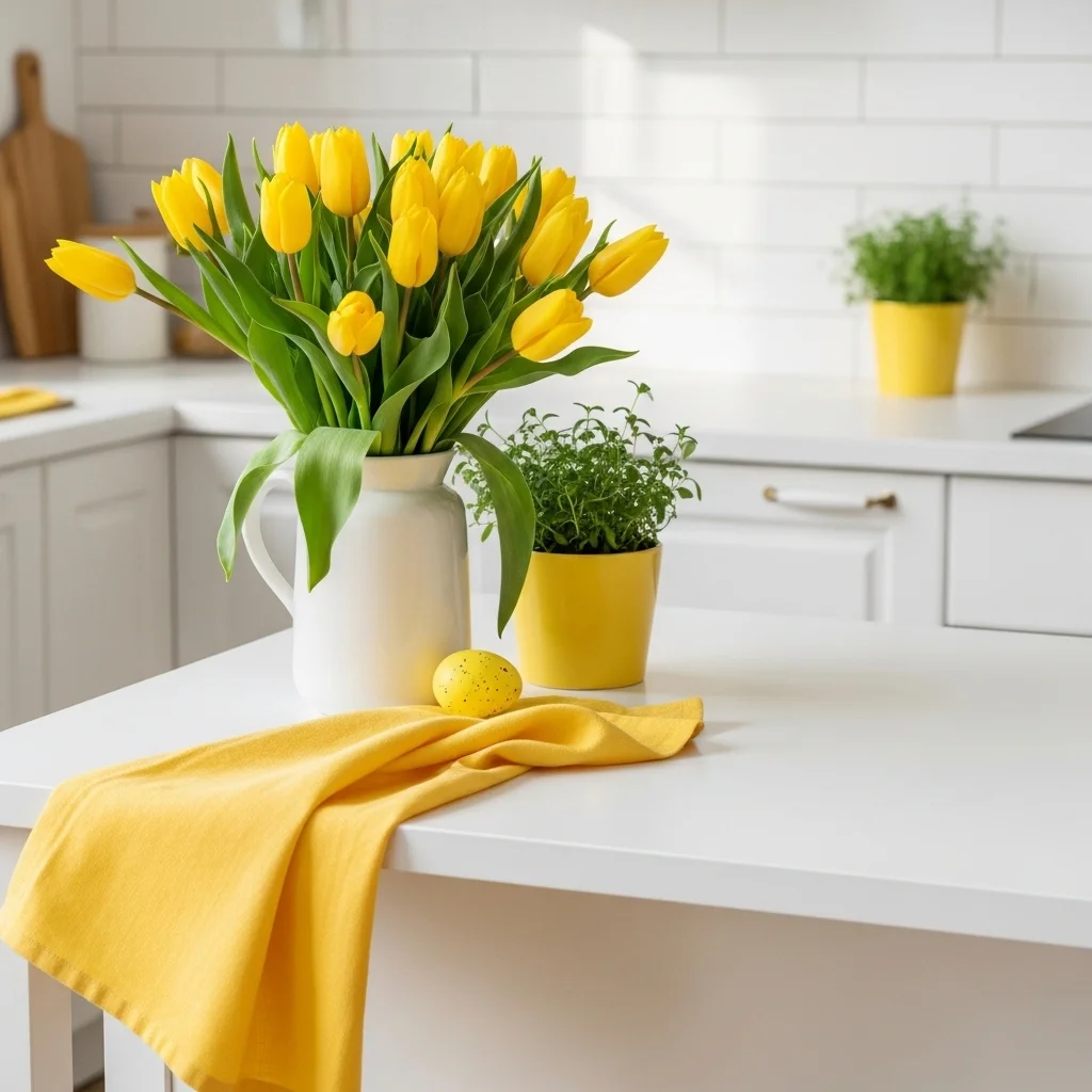 Yellow tulips in white ceramic vase on Easter kitchen island with herb plant and speckled Easter egg against white subway tile backsplash for Easter kitchen island decor ideas