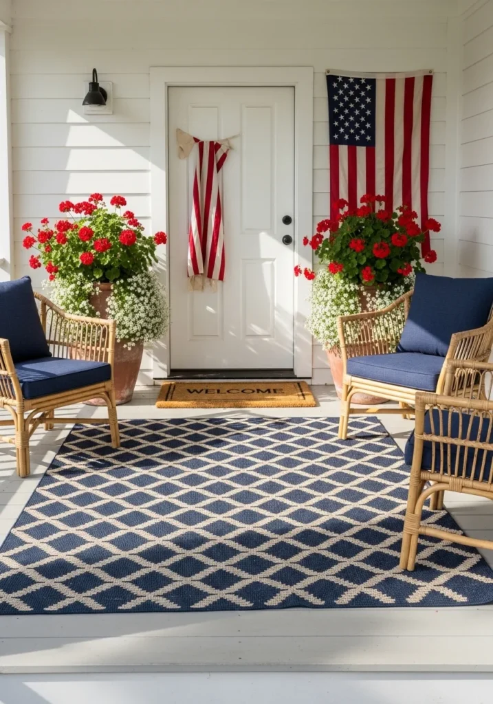 Versatile 4th of July and Memorial Day porch decor with navy diamond pattern rug navy cushion wicker chairs properly mounted American flag terracotta planters red geraniums and white sweet alyssum for patriotic summer porch ideas