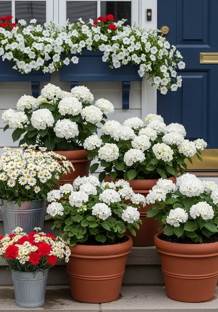  4th of July home decor front porch with abundant white hydrangeas white geraniums in terracotta planters white petunias in navy window boxes and galvanized bucket with white daisies and red carnations in bright summer light