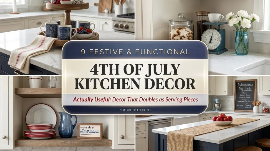 4th of July kitchen decor ideas with patriotic counter styling, red white and blue shelves and festive tea towels for a practical holiday setup