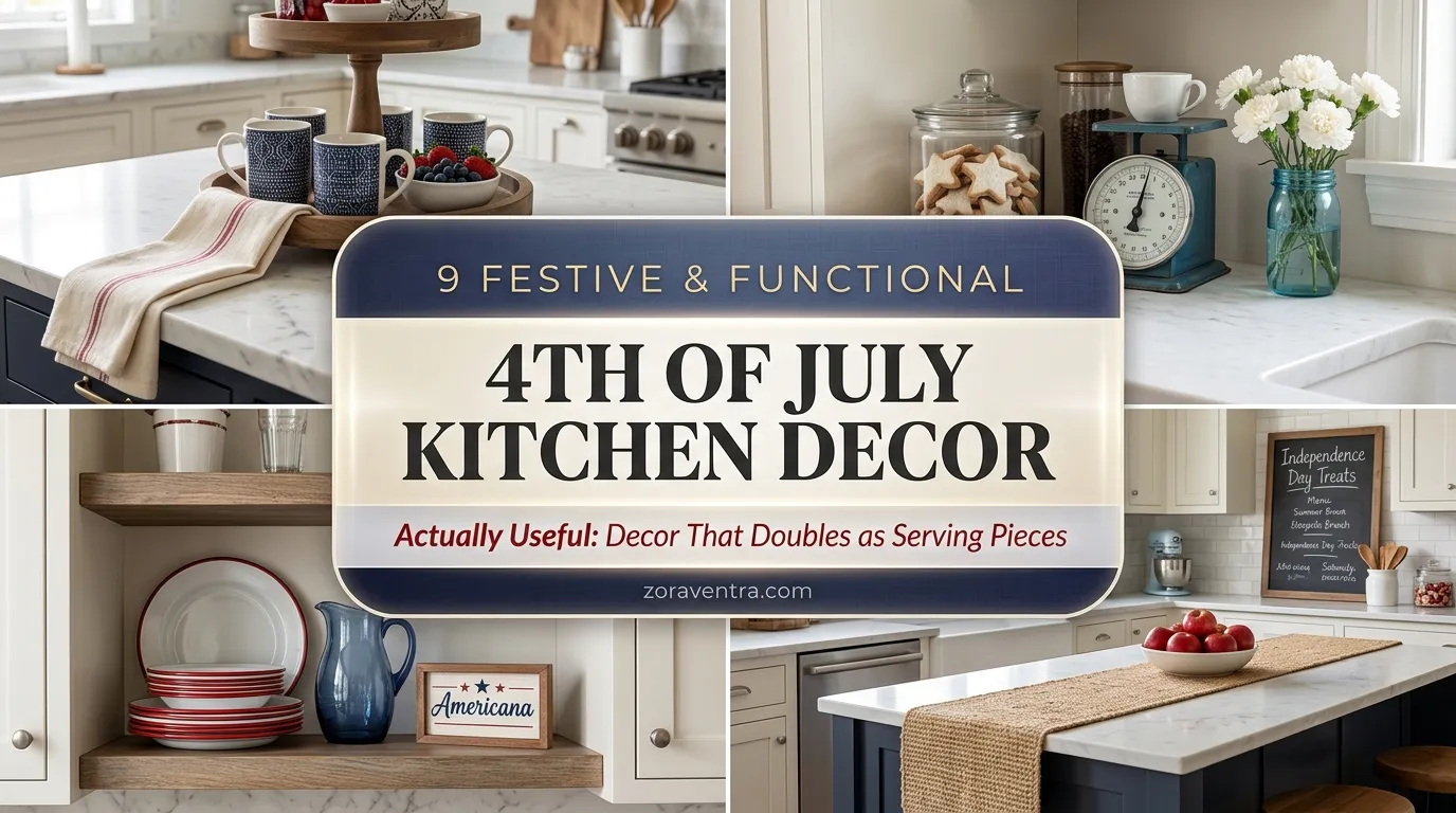 4th of July kitchen decor ideas with patriotic counter styling, red white and blue shelves and festive tea towels for a practical holiday setup