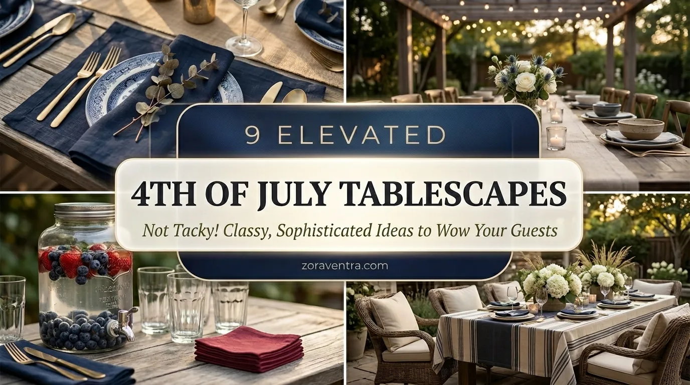 Elegant 4th of July outdoor tablescape with navy seersucker runner, fresh hydrangeas and tasteful patriotic details for a stylish backyard dinner