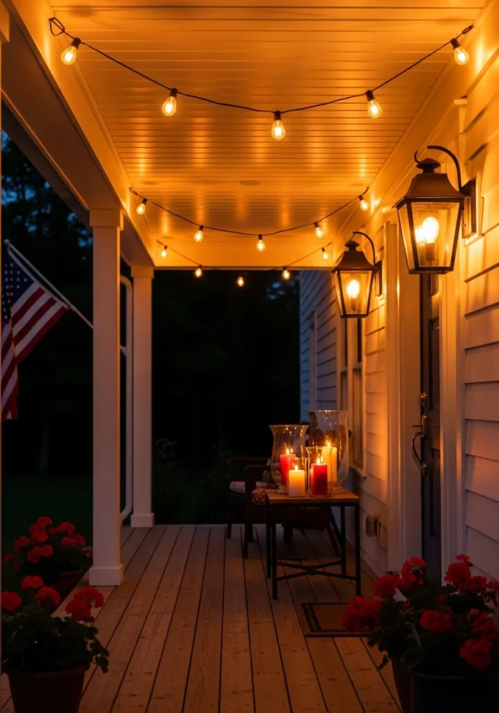 Fourth of July outdoor porch decorations with Edison string lights draped along porch ceiling black iron lanterns flanking navy door and three pillar candles in glass hurricanes at dusk for patriotic evening porch lighting ideas