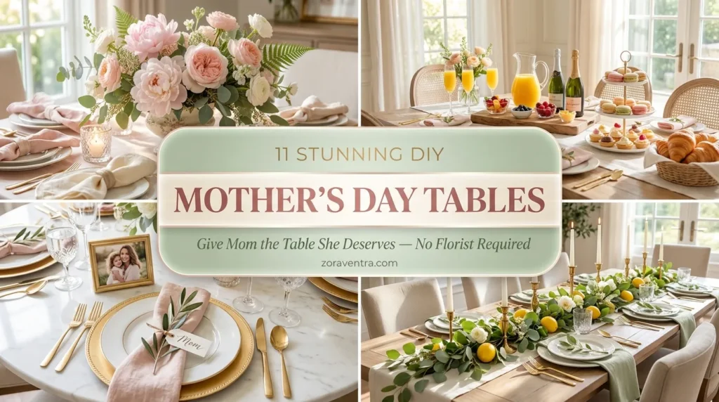 High-end Mother's Day table decoration ideas featuring pink floral centerpieces, pastel linens, and elegant 2x2 collage brunch settings.