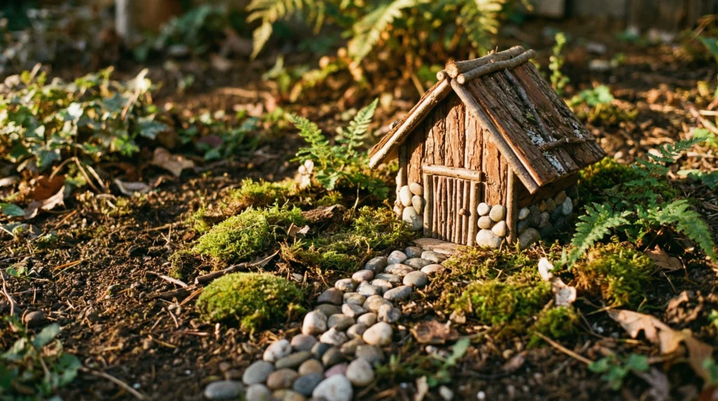 Outdoor fairy garden ideas showing a minimalist magical backyard with a fairy house, moss, and soft natural golden light