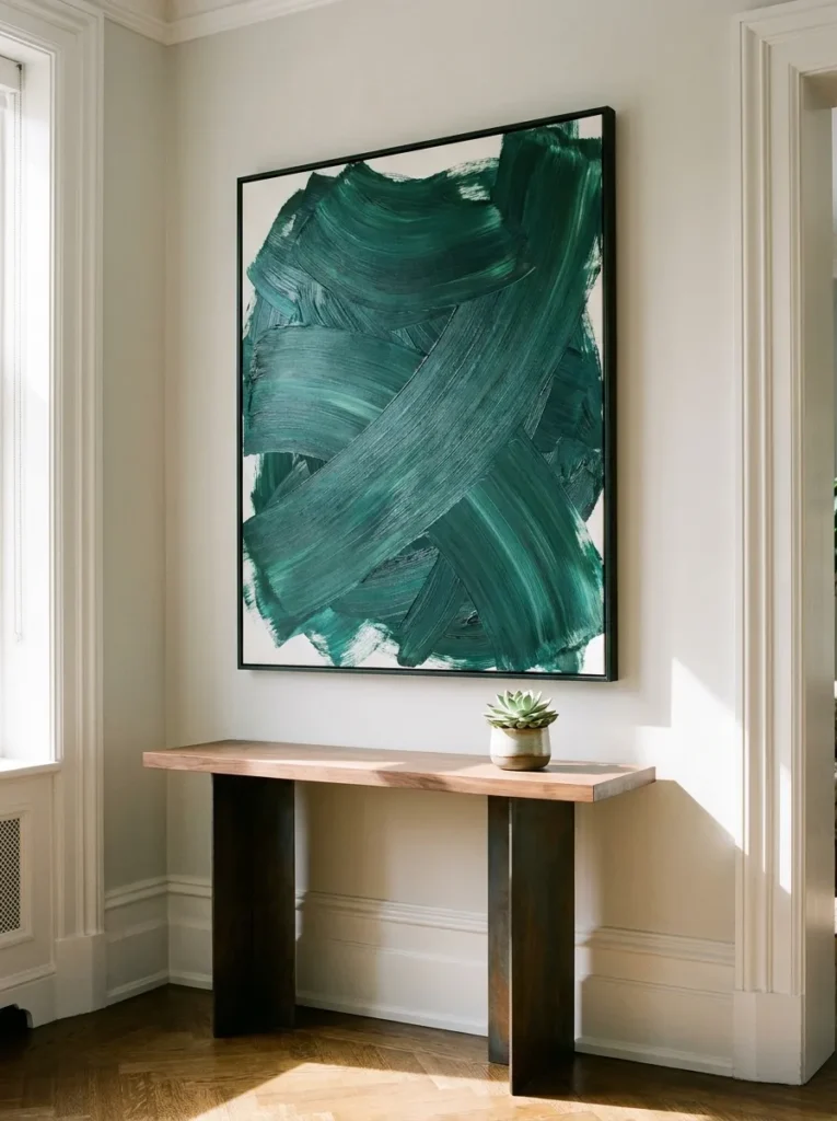 Abstract green and teal art in a tropical-inspired home.