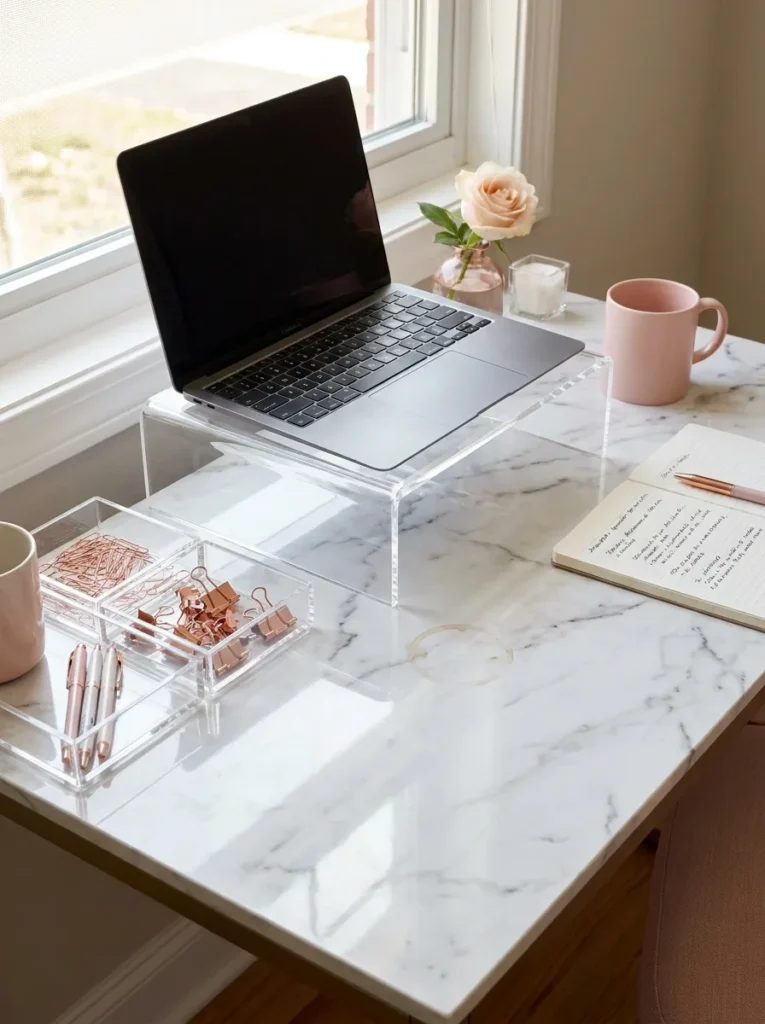Minimalist small desk setup with clear acrylic organizers.