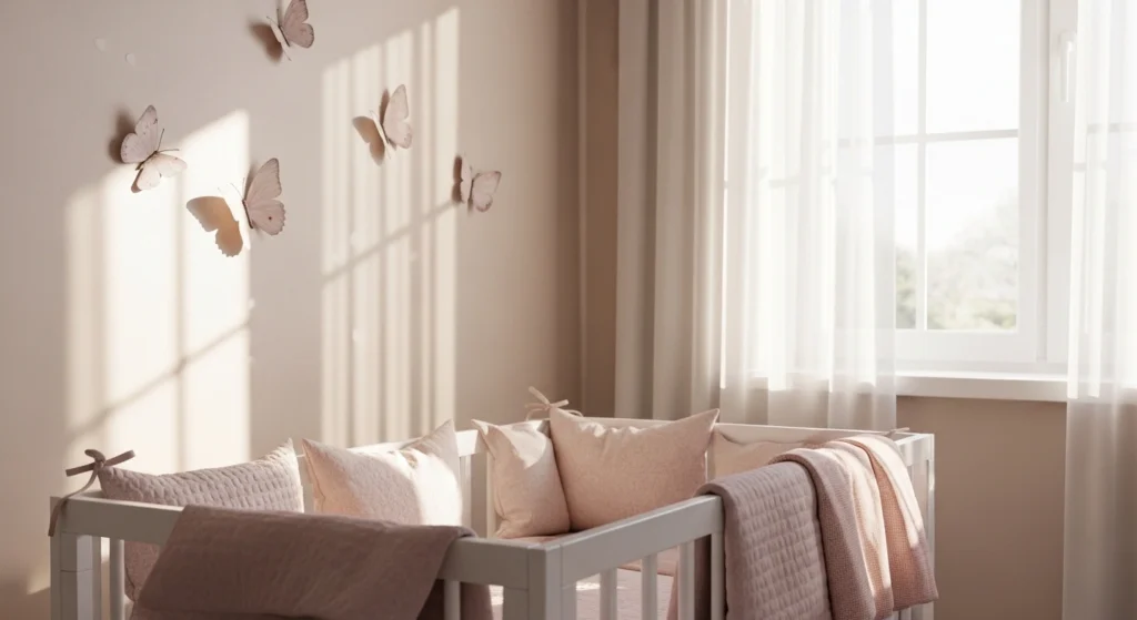 Soft butterfly nursery ideas with natural light, gentle spring colors and nature-inspired decor for a peaceful baby room