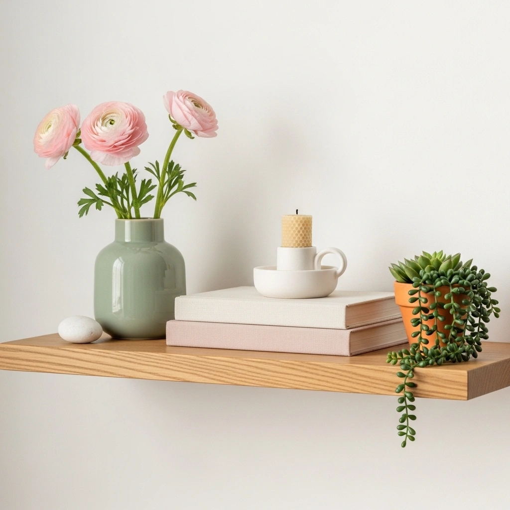 Aesthetic spring living room shelf with sage ceramic vase blush ranunculus cream linen books white candle terracotta succulent and smooth pebble on natural oak shelf for aesthetic spring shelf decor ideas 2026