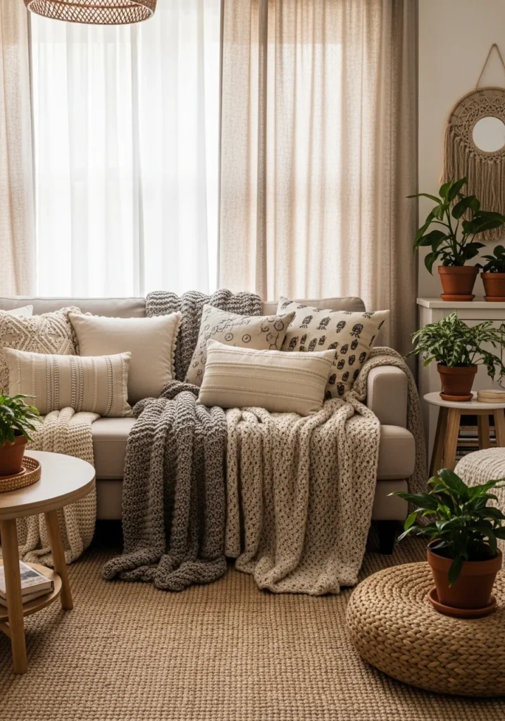 Textiles and throws for affordable living room refresh – renter friendly