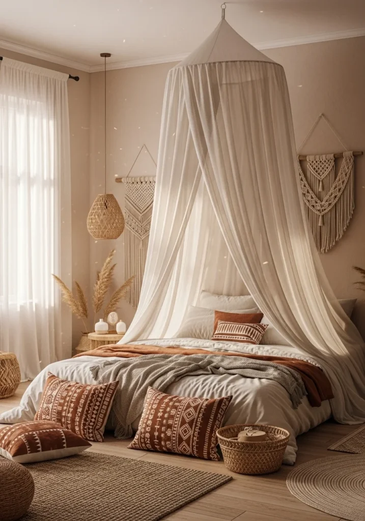 Afro boho bedroom with canopy – nurturing cultural retreat