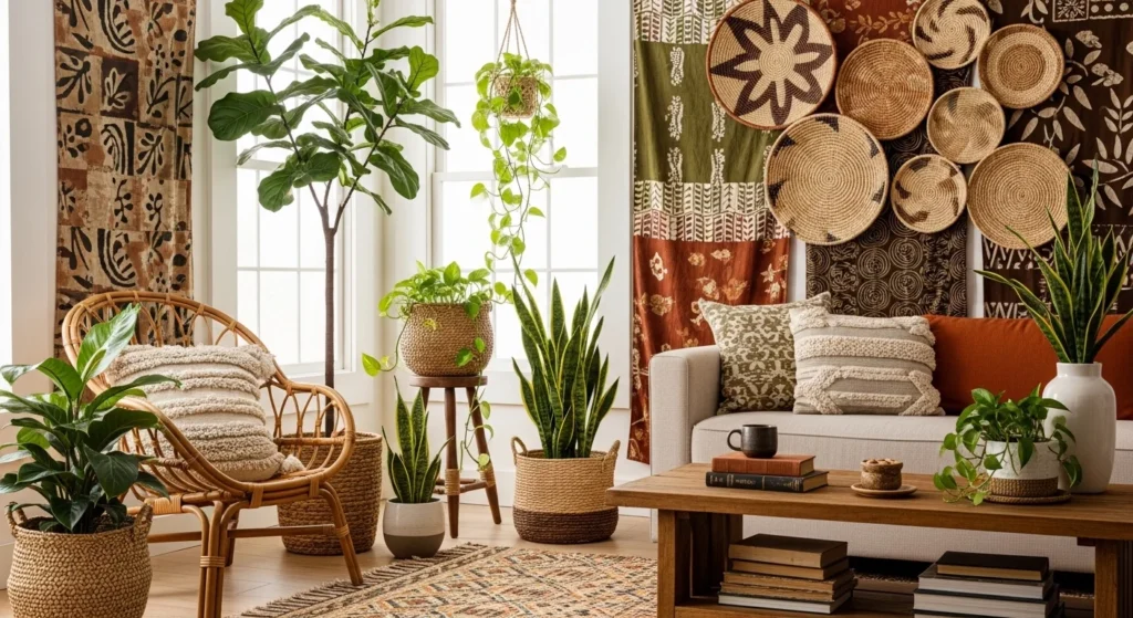 Warm Afrohemian home decor ideas with natural light, mudcloth textiles, woven baskets and rattan accents for a soulful cultural living space