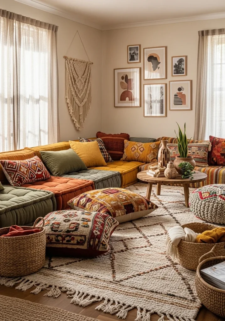 Low seating in Afrohemian living room – warm and communal decor