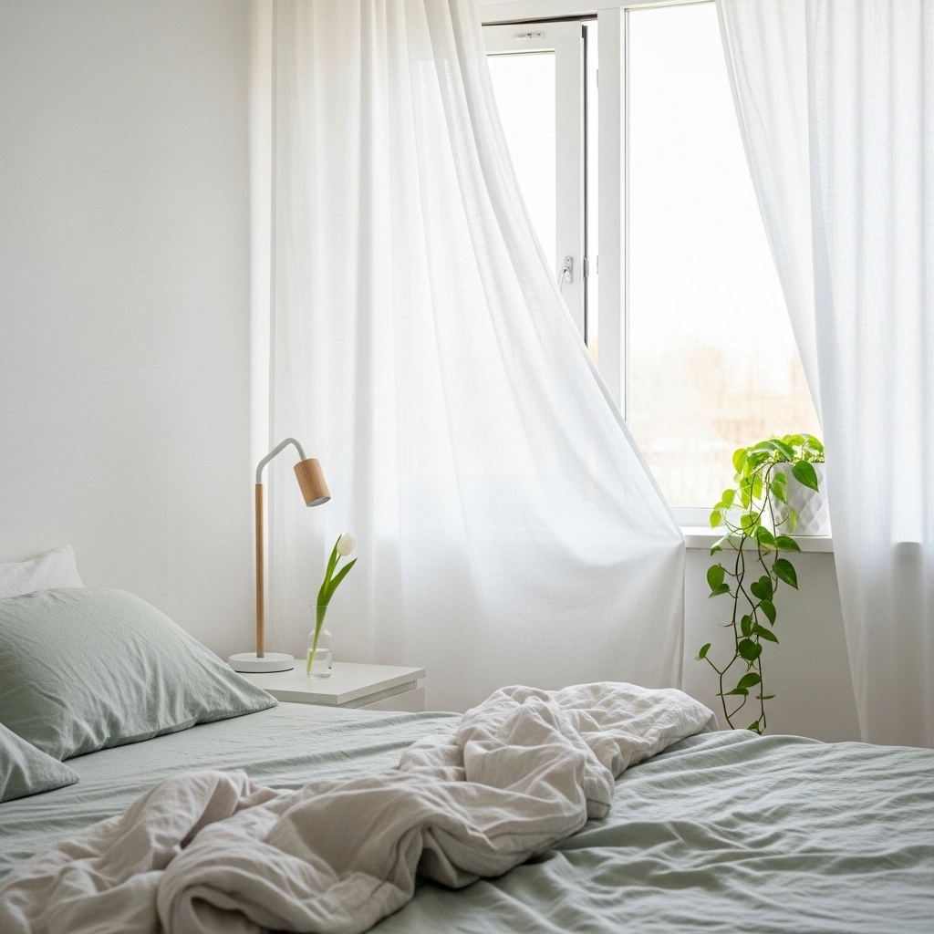 Airy pastel bedroom with sheer white linen curtains pale sage green pastel bed sheets cream linen duvet slim natural wood bedside lamp single white tulip glass and trailing pothos white ceramic pot on windowsill in soft spring daylight for airy pastel bedroom ideas 2026