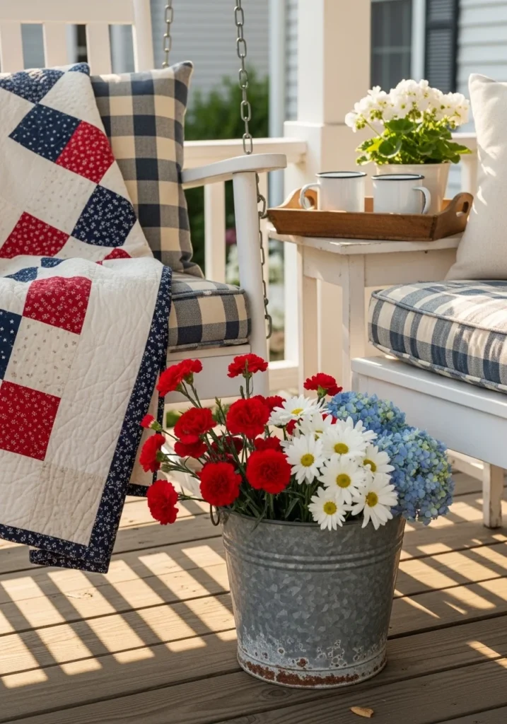  Americana home decor porch with cotton quilt draped on porch swing galvanized bucket with carnations daisies hydrangeas white enamelware tray and ticking stripe cushion in warm golden afternoon light for americana porch ideas