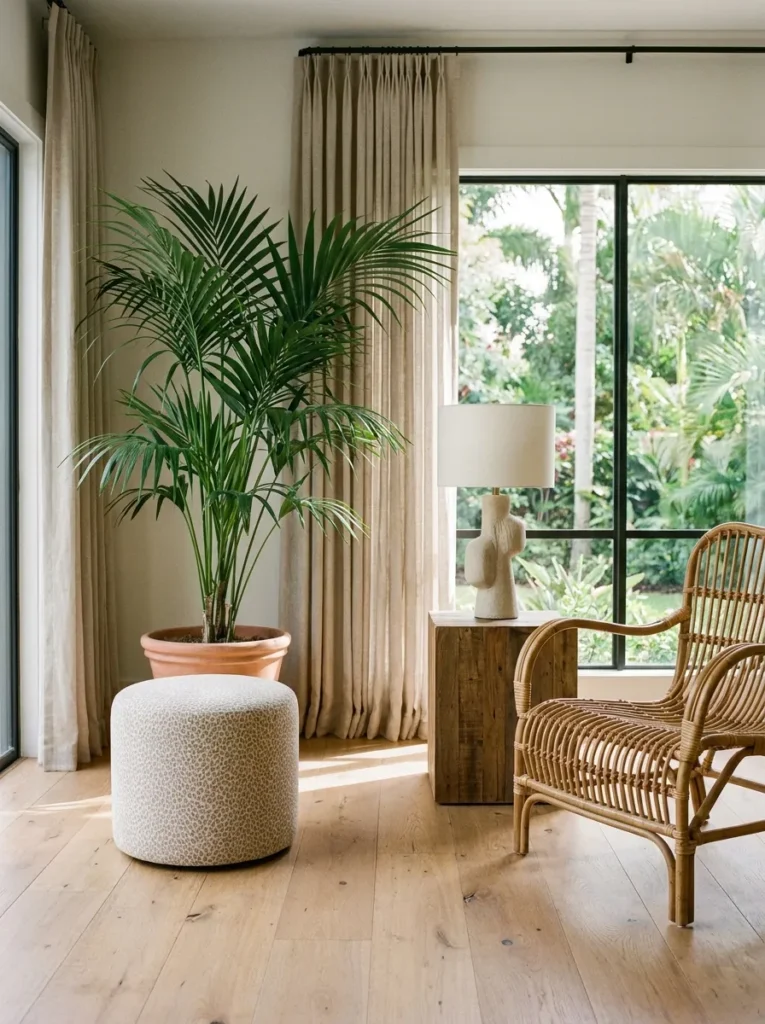 Animal print ottoman in a tropical-themed living room corner.