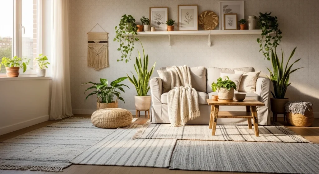 Apartment living room ideas on a budget with renter-friendly decor, no-drill walls and temporary wallpaper for a stylish small space