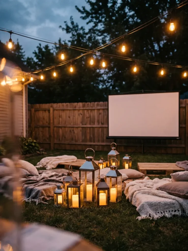 String lights and lanterns for backyard cinema decor – romantic movie night