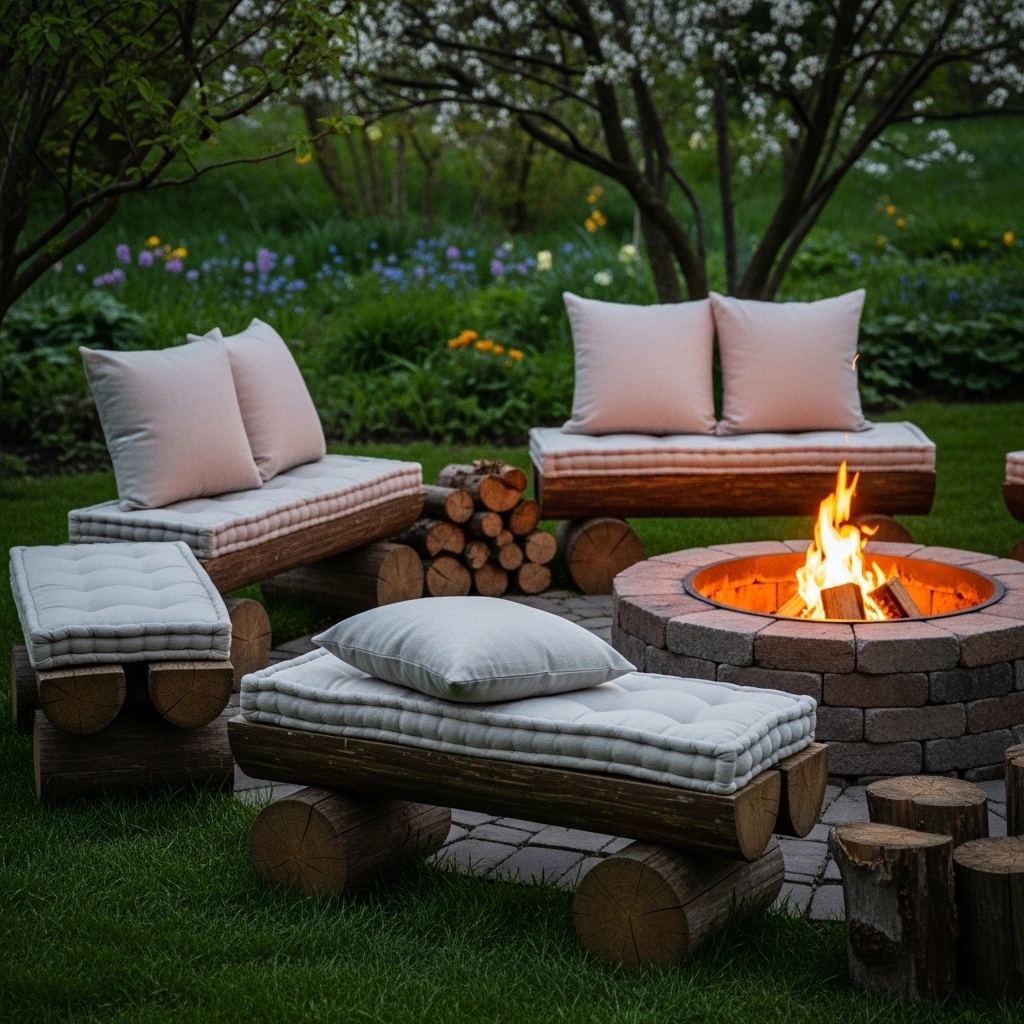 Backyard fire pit seating with log benches – natural spring backyard fire pit ideas