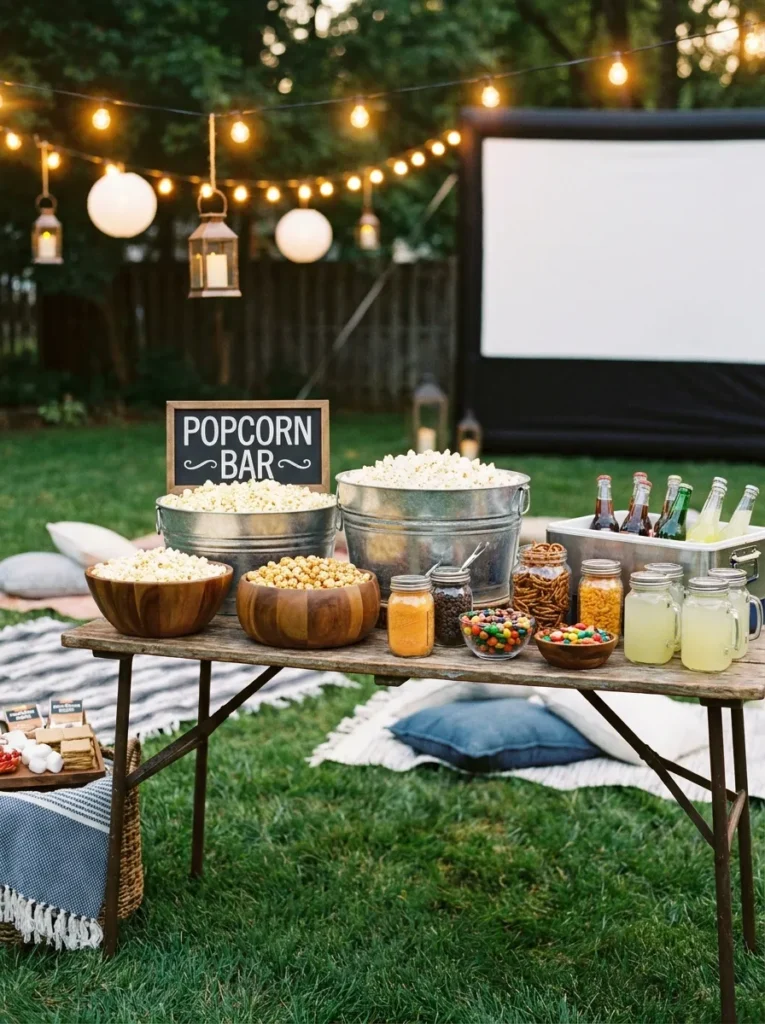 Popcorn bar for backyard movie night – delicious and festive