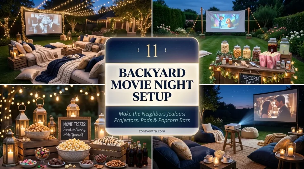 Backyard movie night setup ideas with outdoor projector, string lights, blanket fort and cozy seating for a magical evening under the stars