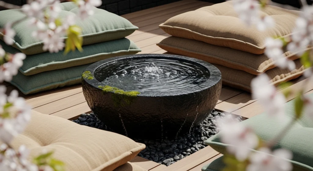 Tranquil backyard water fountain decor ideas with natural light, zen water features and relaxing spring setups for peaceful outdoor spaces