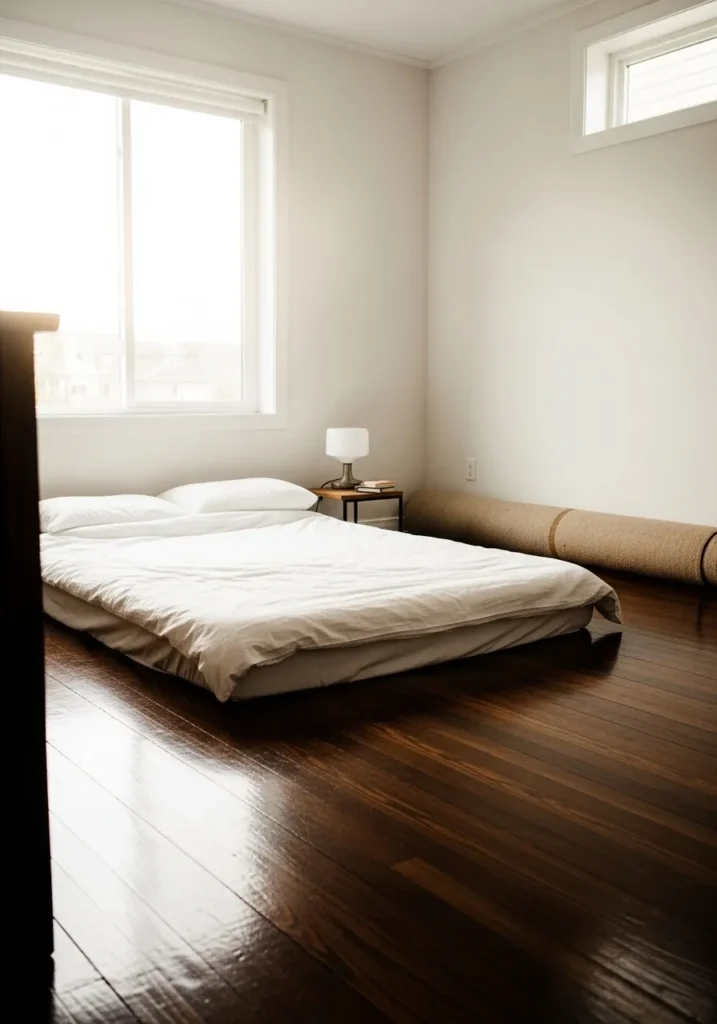 Hardwood bedroom floor with rugs removed for a cooler summer feel.