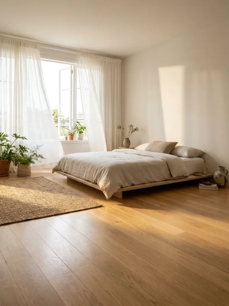 Minimalist summer bedroom with bare wood floors.