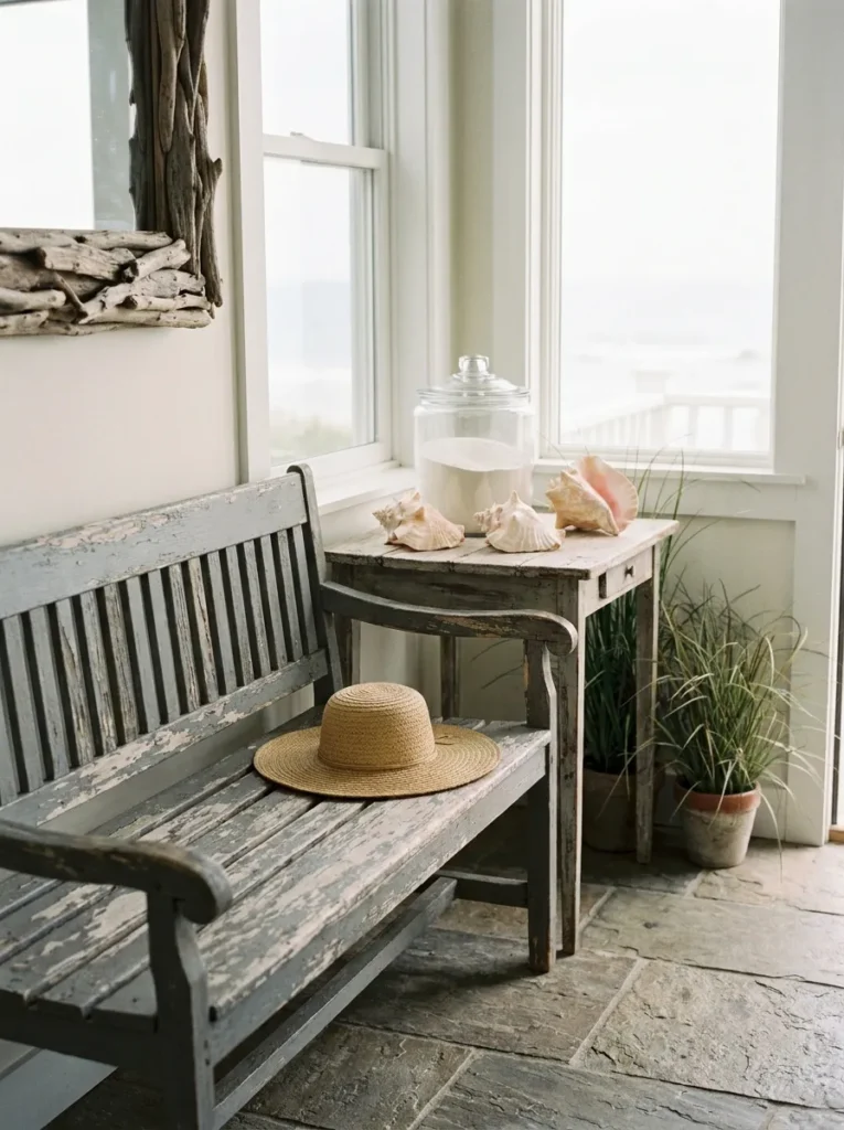 Coastal entryway with weathered wood bench and sand jar decor.