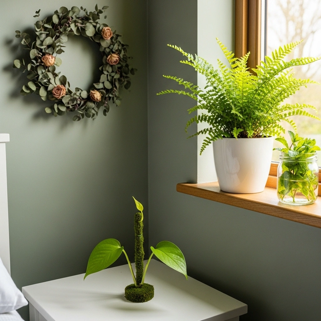  Bedroom decor green accent spring cottage with compact fern white ceramic pot fresh mint glass jar on natural oak windowsill trailing pothos moss pole nightstand and dried eucalyptus rose wreath on sage green wall in warm soft spring window light for bedroom decor green accent spring cottage ideas 2026
