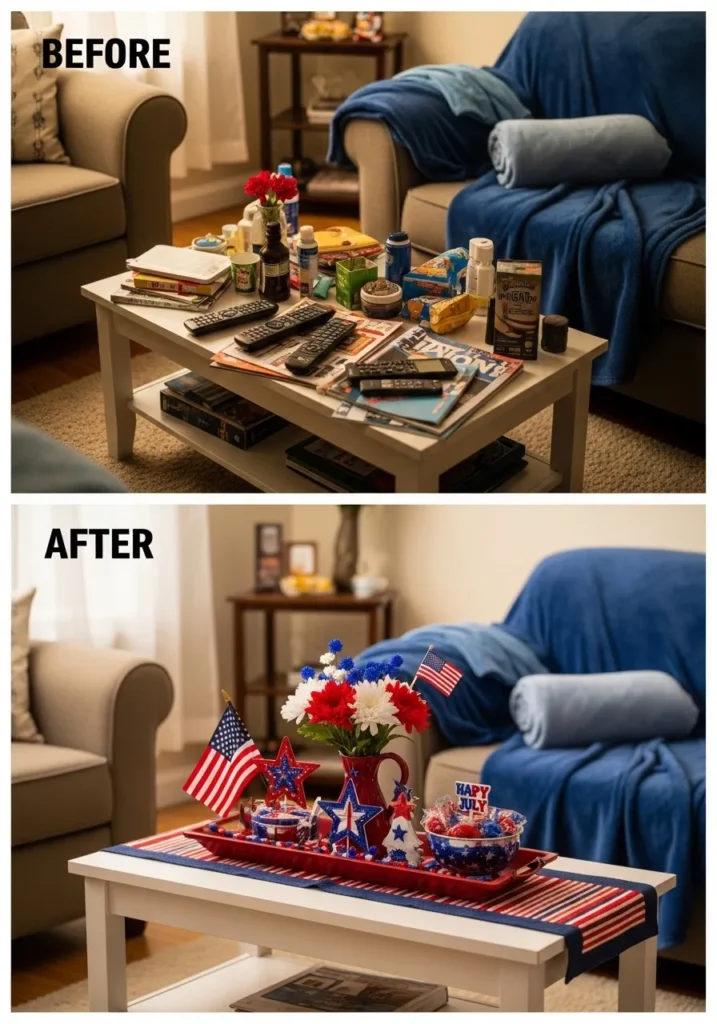 Before and after transformation of a small apartment living room for the 4th of July.