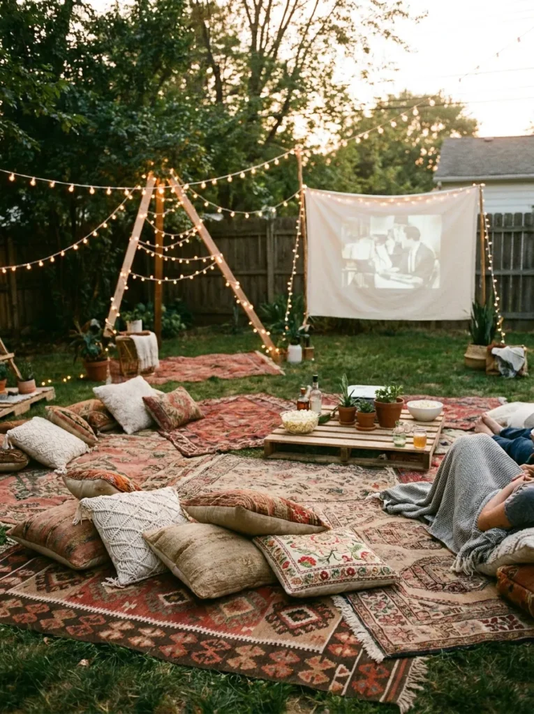 Boho backyard movie night with rugs and pillows – stylish and cozy