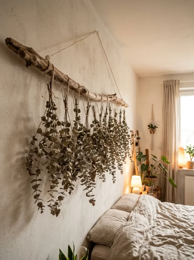 Boho eucalyptus branch wall hanging above a bed.
