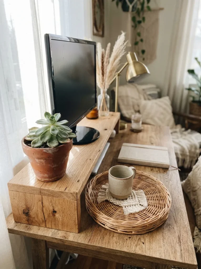 Boho desk decor with wooden monitor riser and rattan accents.
