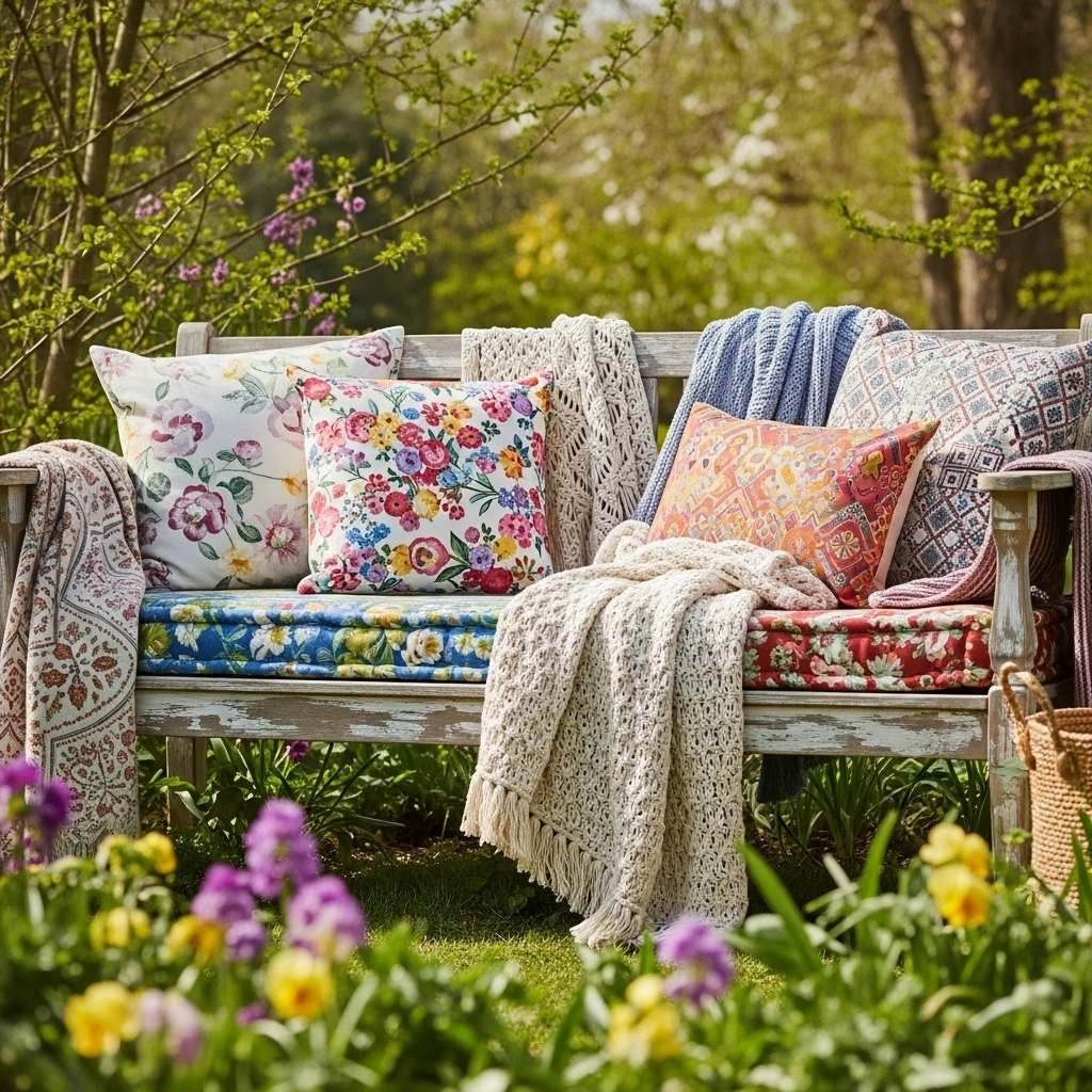 Boho garden bench with cushions – comfortable party seating idea