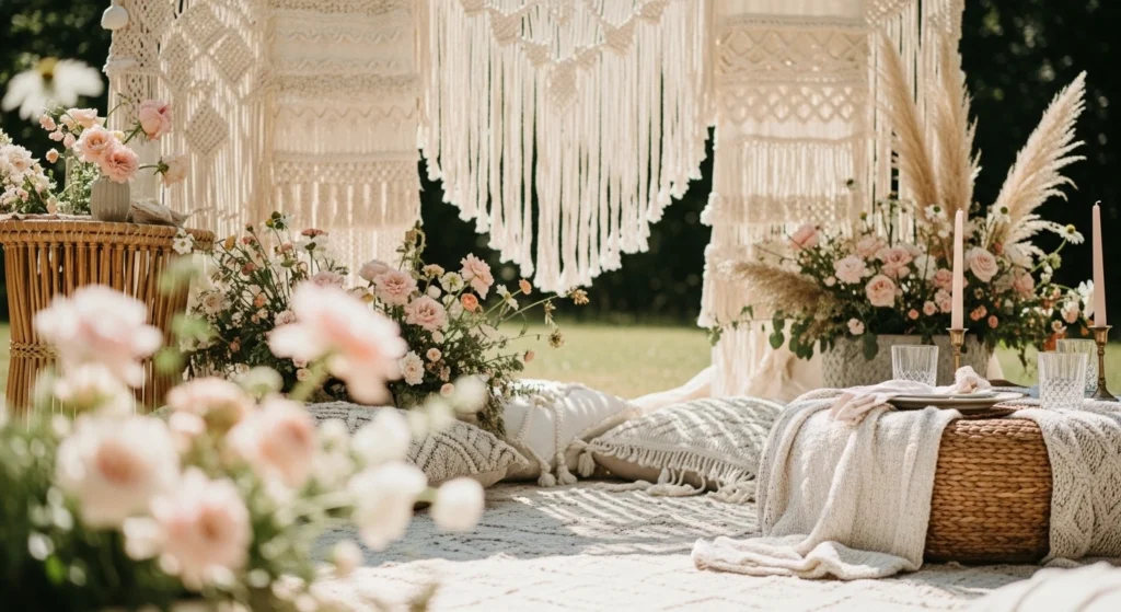 Dreamy boho garden party decoration ideas with natural light, macrame accents and soft spring colors for a relaxed outdoor celebration