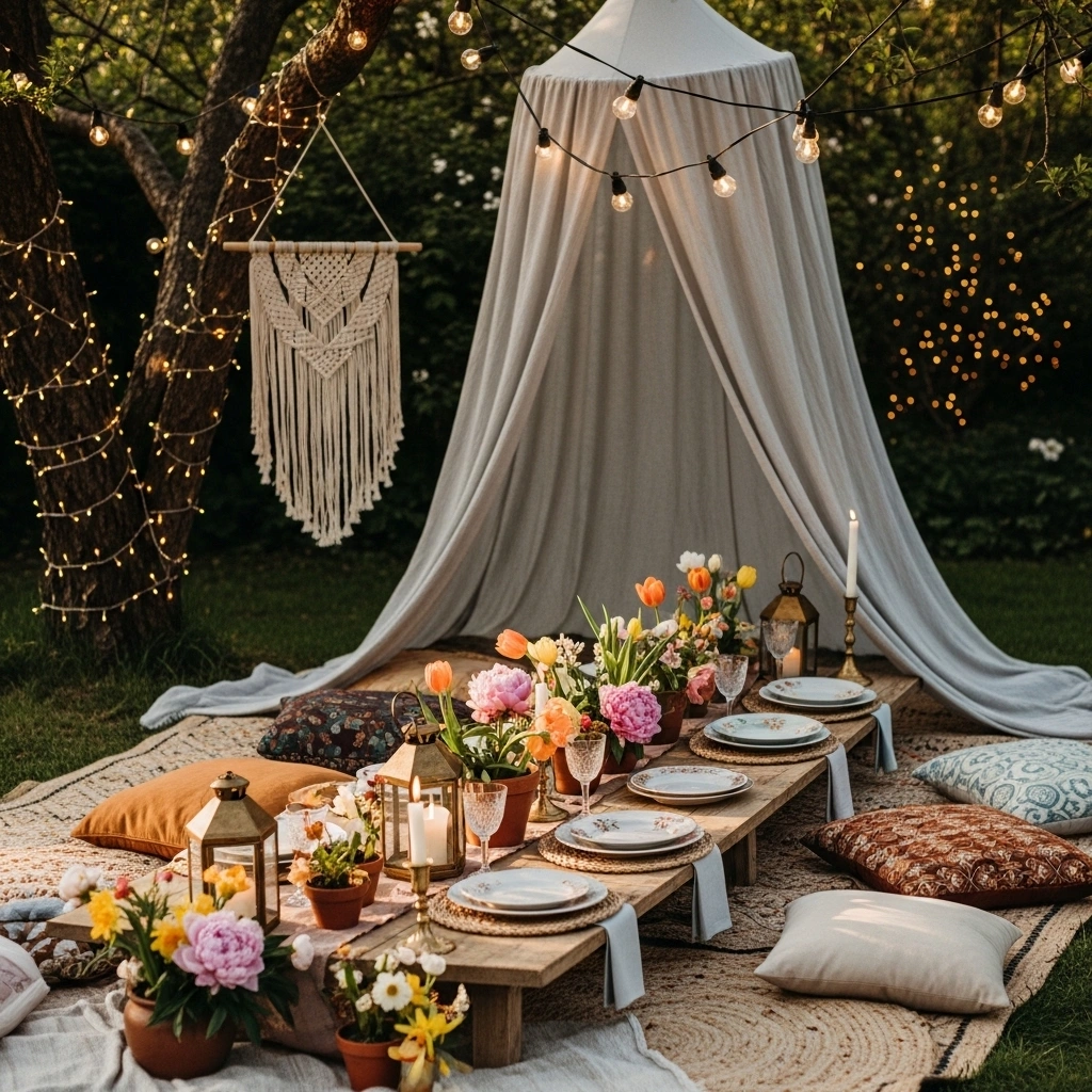 String lights for boho outdoor party decor – enchanting spring setup
