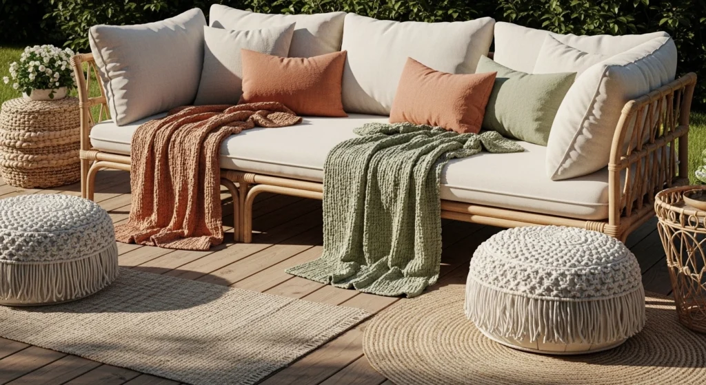 Stylish boho outdoor seating ideas with natural light, rattan furniture and macrame accents for spring patios and backyards