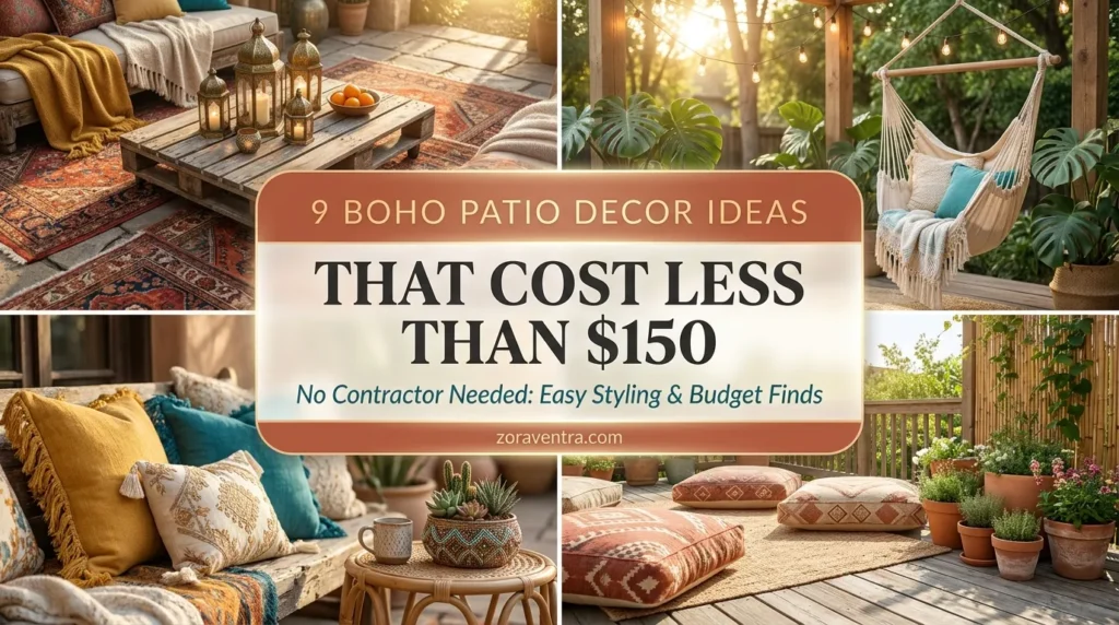 Boho patio decor ideas on a budget with string lights, woven rugs and planters for a dreamy renter-friendly outdoor space