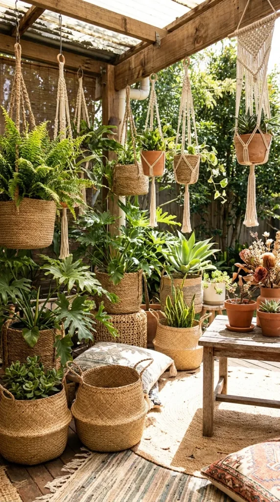 Boho patio planters in woven baskets – budget-friendly greenery