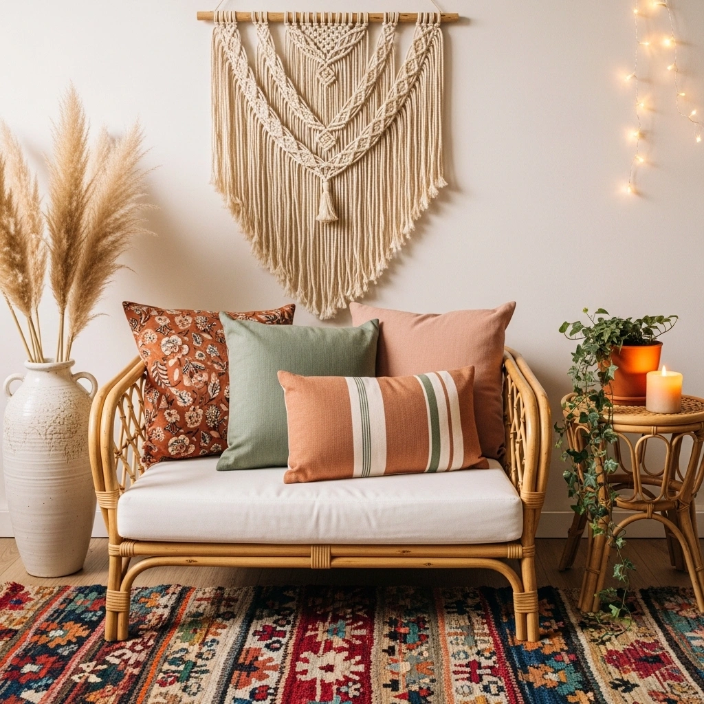 Boho spring reading nook with rattan armchair mixed print cushions kilim rug macrame wall hanging pampas grass and fairy lights for boho spring reading nook ideas 2026