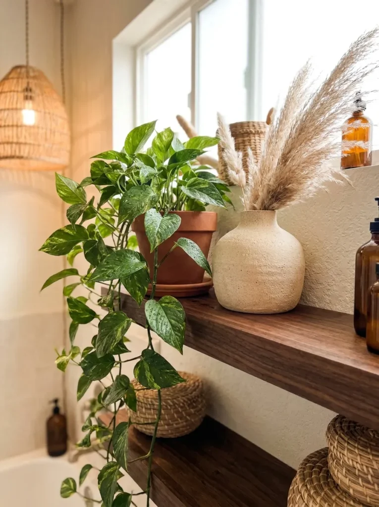 Boho floating shelf with trailing green plants and ceramic decor.