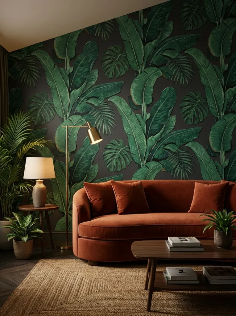 Dark botanical wallpaper with large green leaves in a luxury living room.