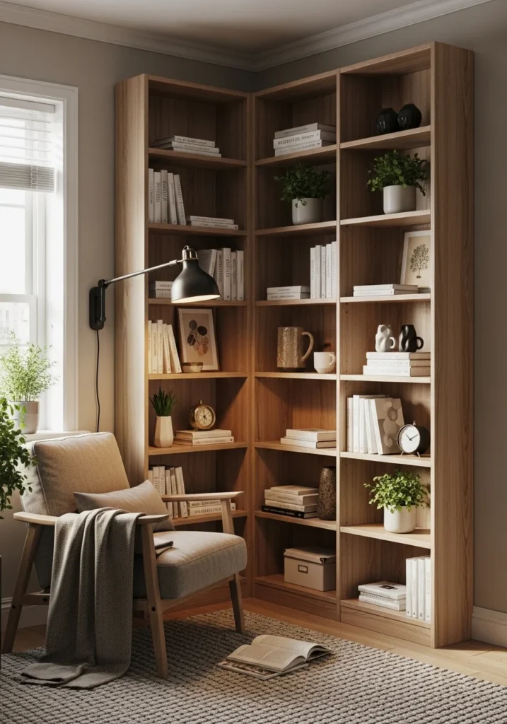 Bookshelf corner reading nook for small apartment – smart and pretty