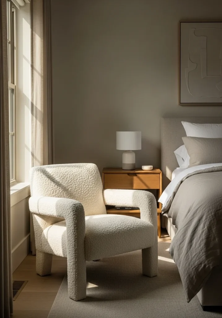 Bouclé texture in quiet luxury bedroom – soft and sophisticated