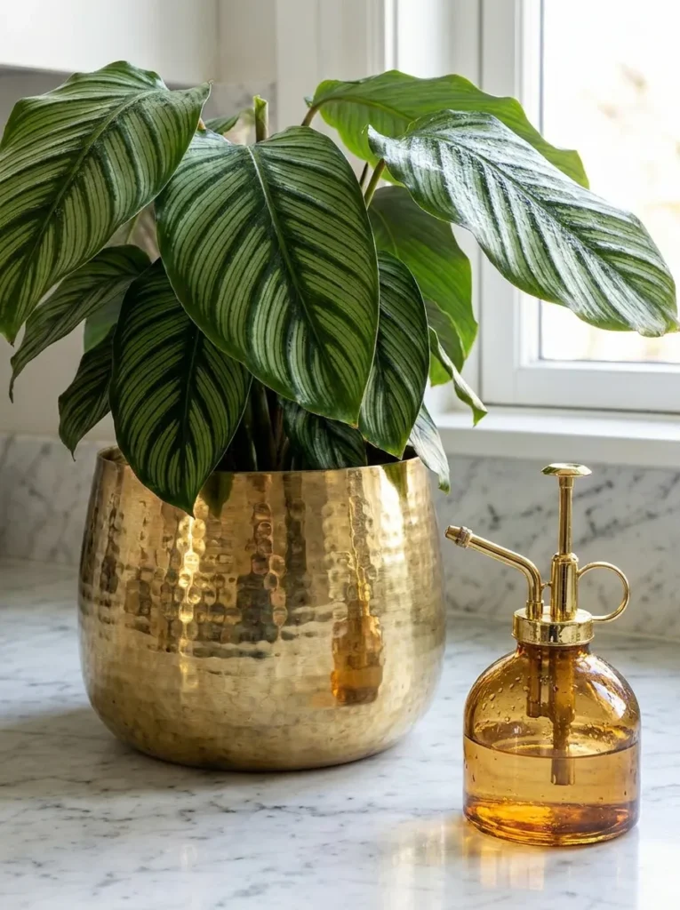 Close up of tropical plant in a brass pot with gold accessories.